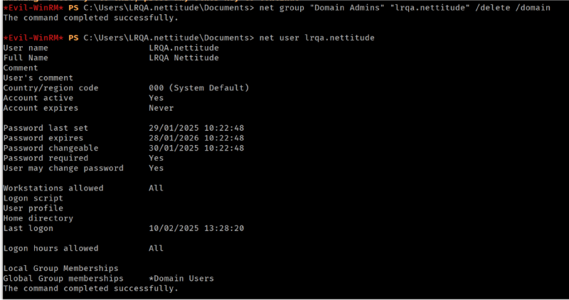 Removing the test user from the Domain Admins group